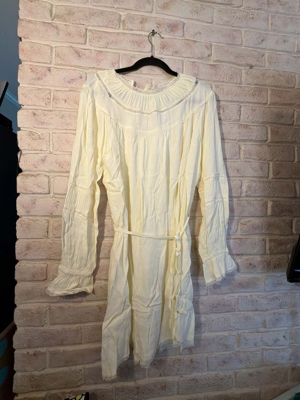 WAYF Women's Long Sleeve Lace-Trim Mini Dress in Cream Yellow